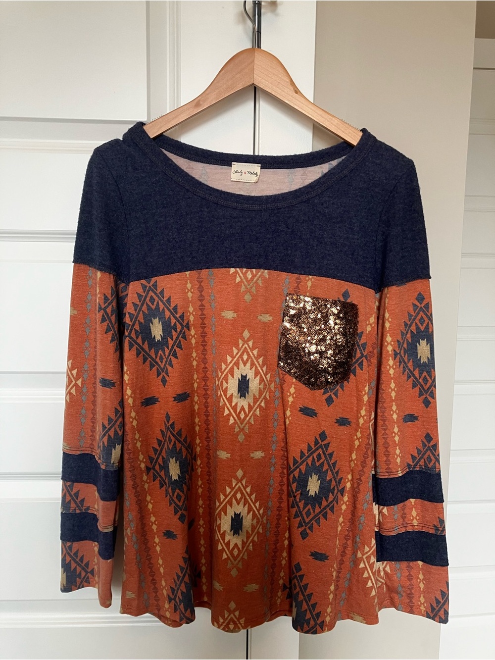 Boho Aztec Sequin Pocket Long Sleeve Top - Rust & Navy
